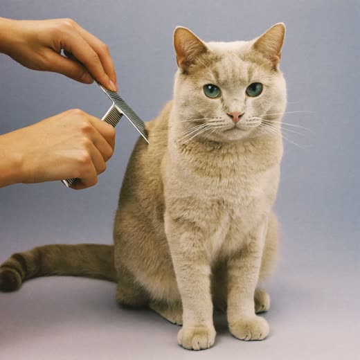 A calm cat being combed along its back